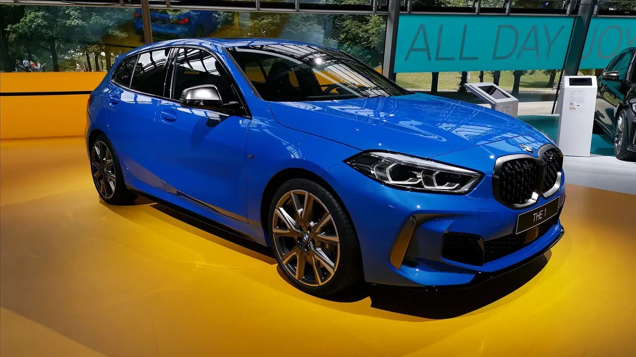 Misano Blue 2019 BMW M135i xDrive hatch (F40) at BMW Welt, front three-quarter view
