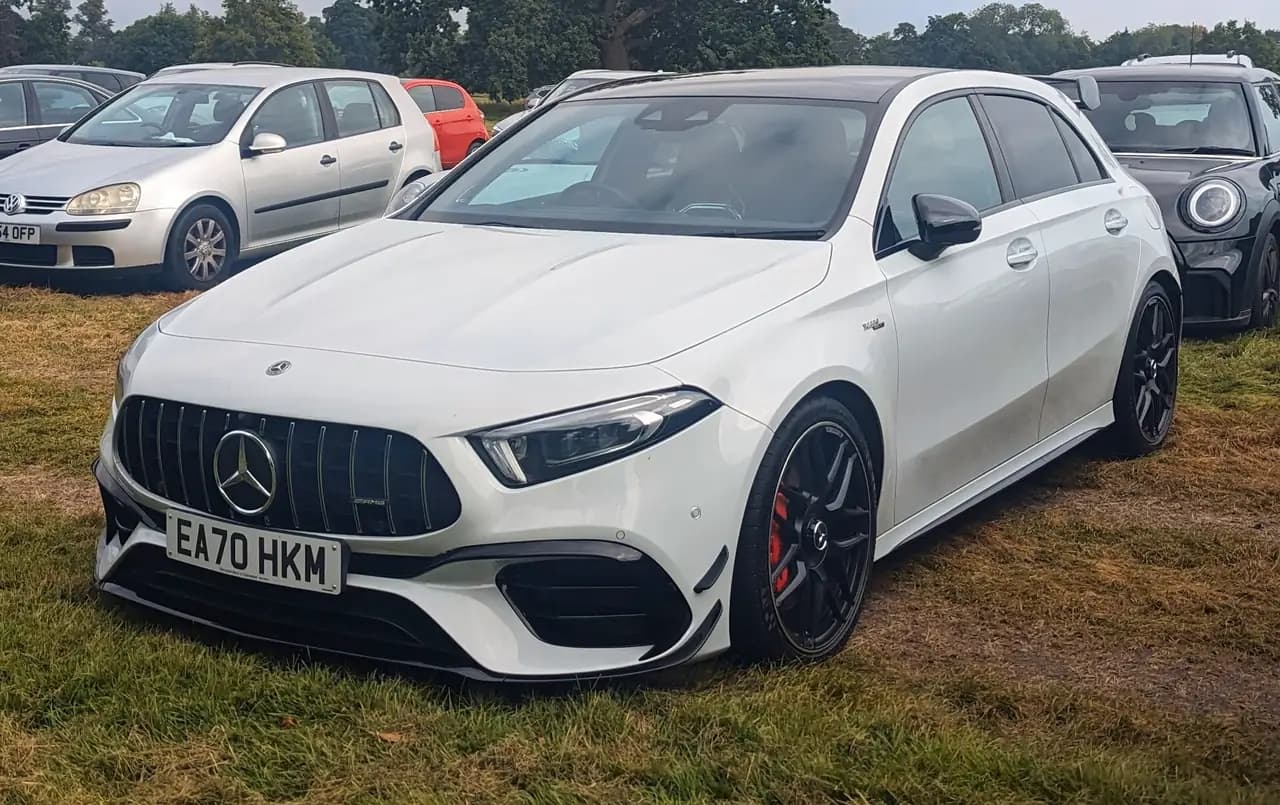 White 2020 Mercedes-AMG A 45 S 4MATIC+ hatchback (W177), front three-quarter view