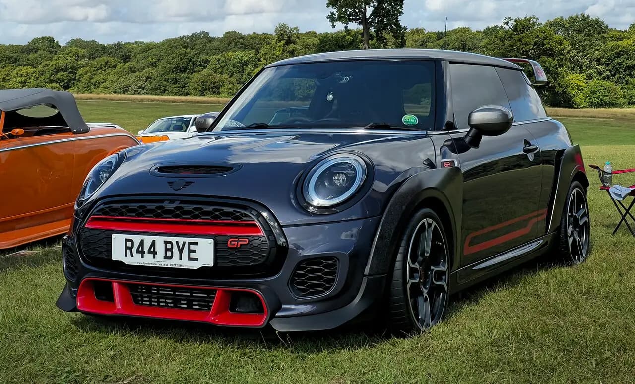 Racing Grey 2020 MINI John Cooper Works GP (F56) hatch, front three-quarter view