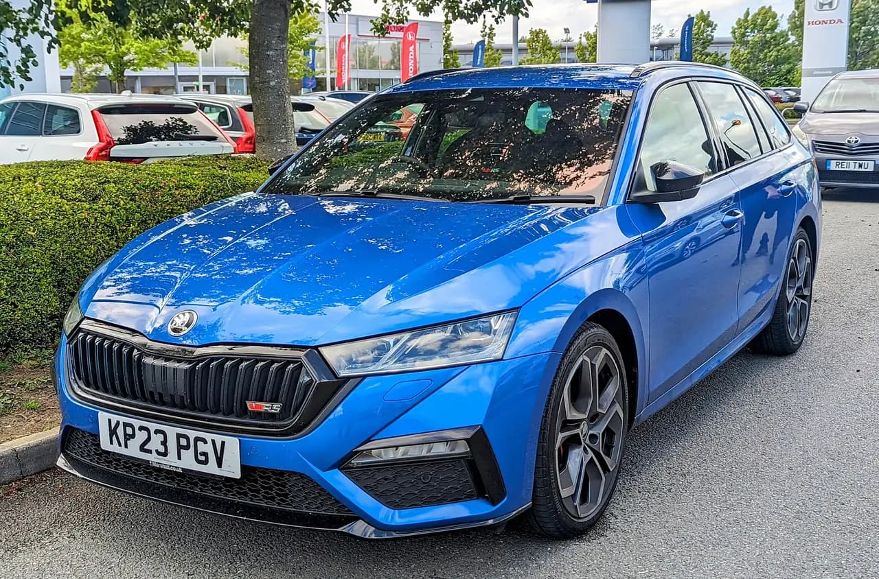 Blue 2023 Skoda Octavia RS (vRS) wagon (NX), front three-quarter view