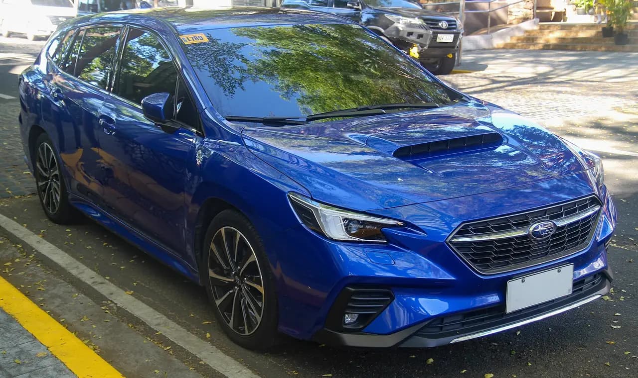 WR Blue Subaru WRX tS wagon (VN), front three-quarter view
