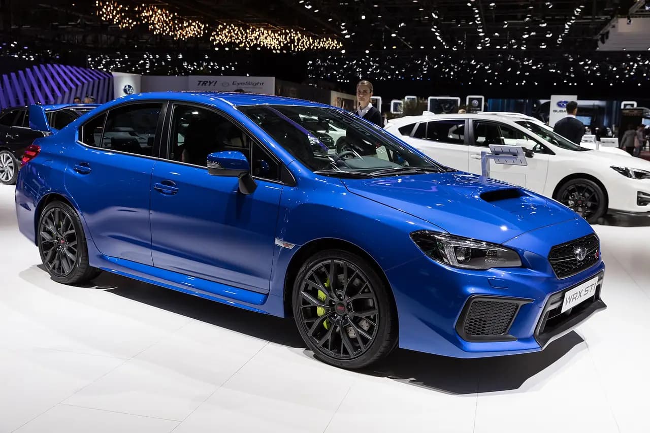 WR Blue 2018 Subaru WRX STI sedan (VA, facelift) at the Geneva Motor Show, front three-quarter view