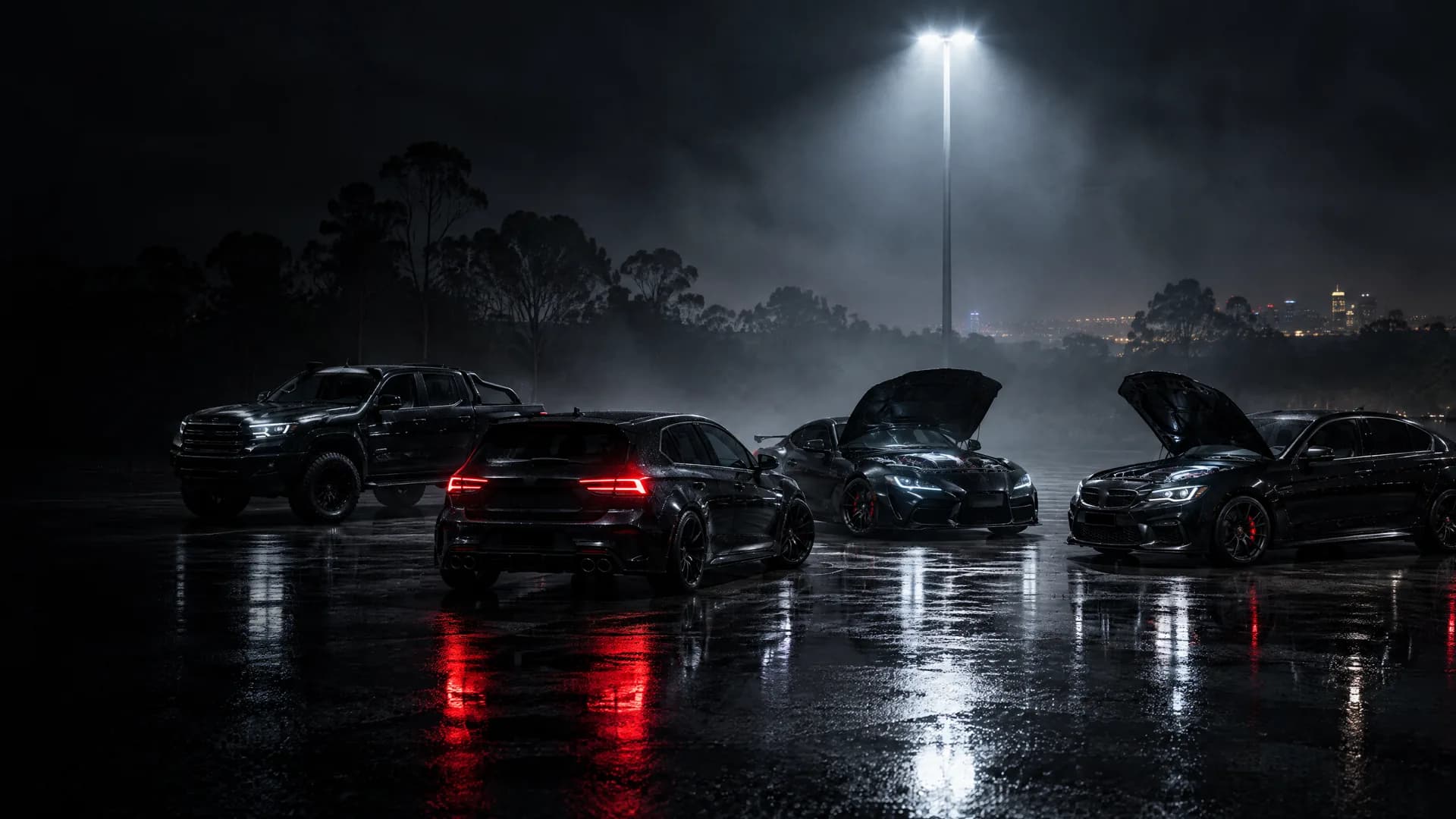Four black modified cars, two with bonnets open, gathered on a wet car park at night under a single floodlight, fog drifting and eucalyptus trees and city lights in the distance.