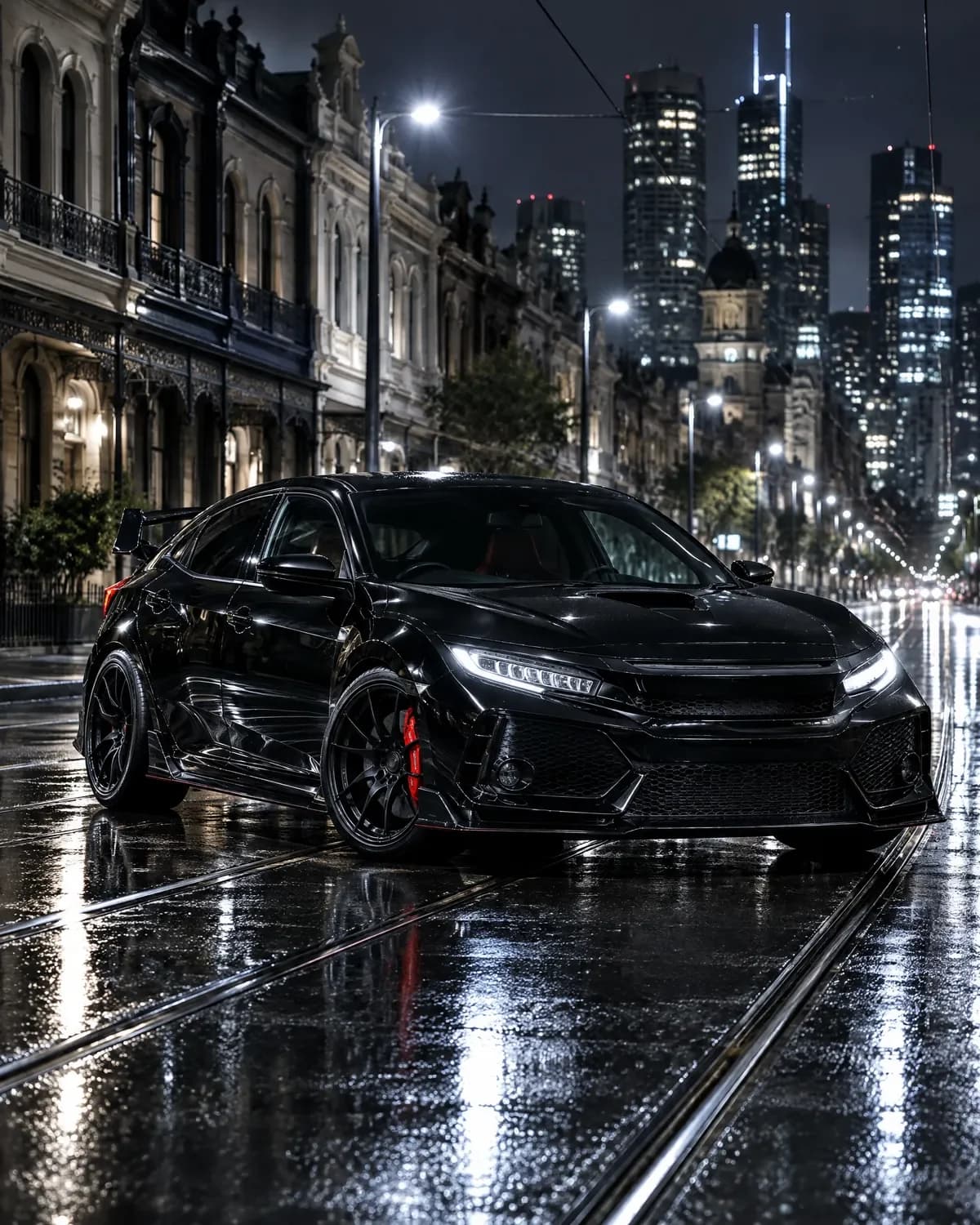 Black performance hatchback with a rear wing and red brake calipers on a rain-soaked city street with tram tracks at night, Victorian-era facades and towers behind.