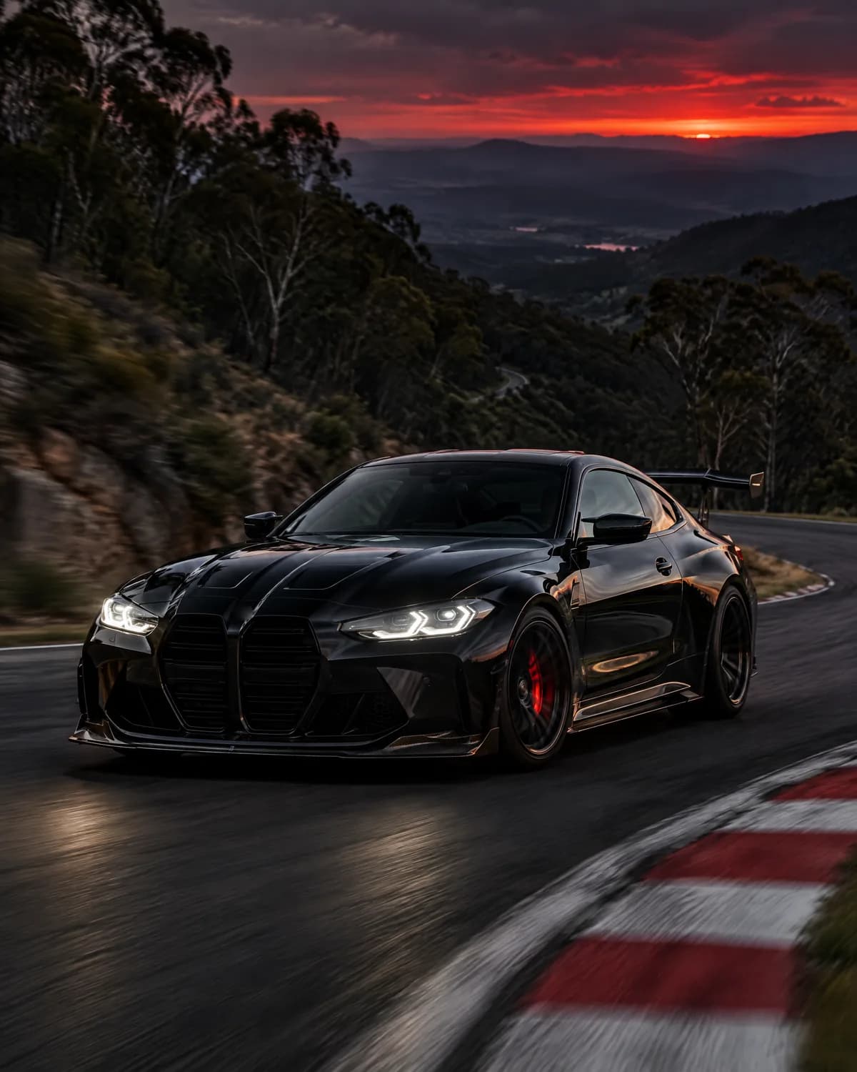 Black performance coupe with a rear wing and red brake calipers cornering on a mountain race circuit at sunset, red-and-white kerbs in the foreground and a valley view below.