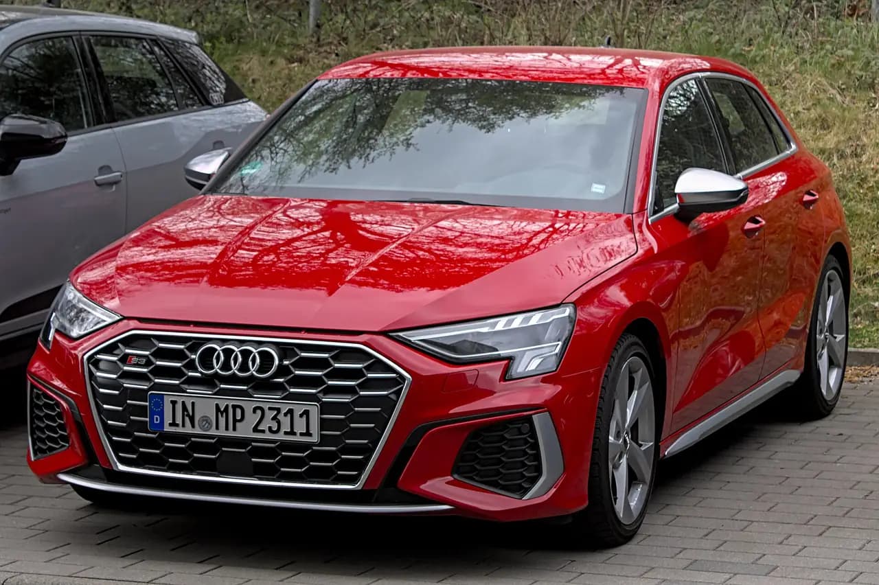 Red 2021 Audi S3 Sportback (8Y), front three-quarter view