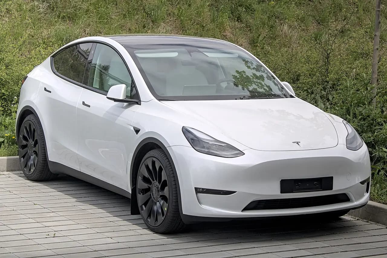White Tesla Model Y Performance (pre-Juniper), front three-quarter view