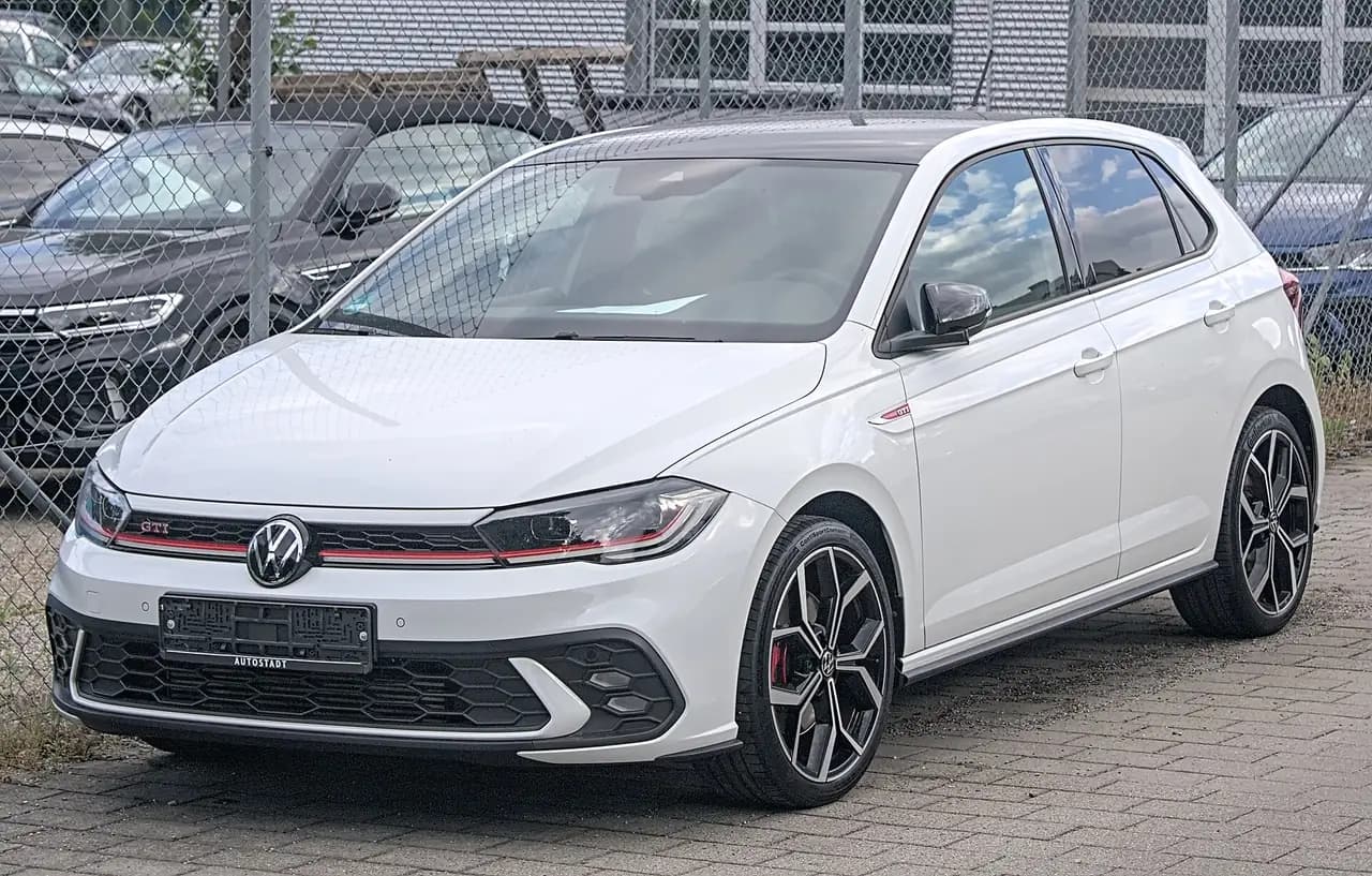 White Volkswagen Polo GTI (AW facelift) 5-door hatchback, front three-quarter view